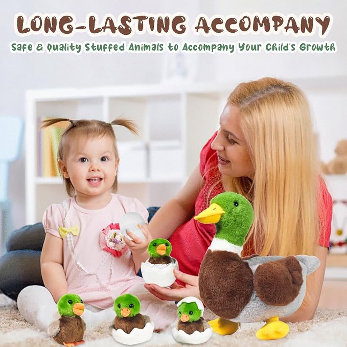 7 in 1 Mallard Duck Stuffed Animals Plush Toys, 12“ Zippered Mommy Stuffed Duck with 4 Baby Ducklings and Eggs Green Duck Plushies Pillow for Kids Birthday Christmas Farm Party Decor