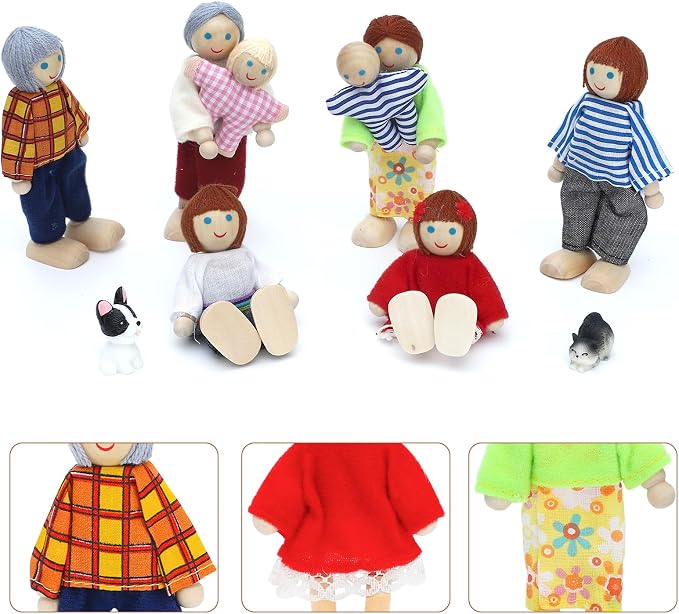 ONEST 10 Pieces Wooden Dollhouse Family Set Mini People Figures Sets Dollhouse Dolls Wooden Doll Family Pretend Play Figures Accessories for Pretend Doll House