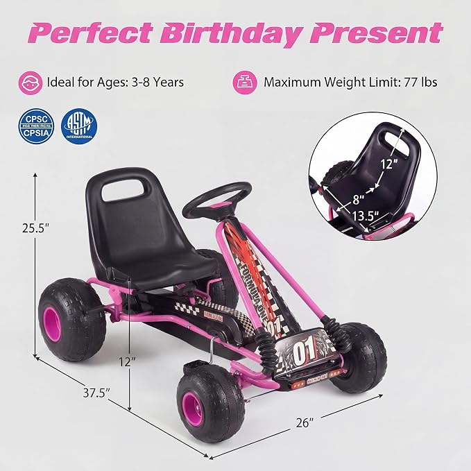 Costzon Pedal Go Kart, 4 Wheel Ride on Toy Pedal Car with Adjustable Seat, Forward/Backward & Handbrake, Outdoor Bicycle Go Cart with Wear-Resistant Wheels, Gift for Boys and Girls (Pink)