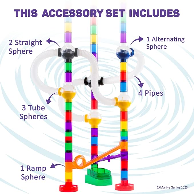 Marble Genius Marble Run Pipe & Sphere Accessory Add-on Set - 10 Pcs Total (4 Pipes, a Ramp, 5 Spheres), Alternating, Straight, & Tubes for Creating Exciting Mazes, Tracks, Runs, and Races