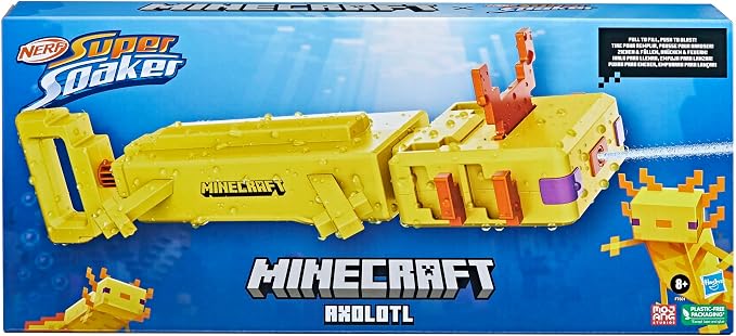 Nerf Super Soaker Minecraft Axolotl Water Blaster, Minecraft Axolotl Mob Design, Outdoor Water Toy, Outdoor Games for Kids