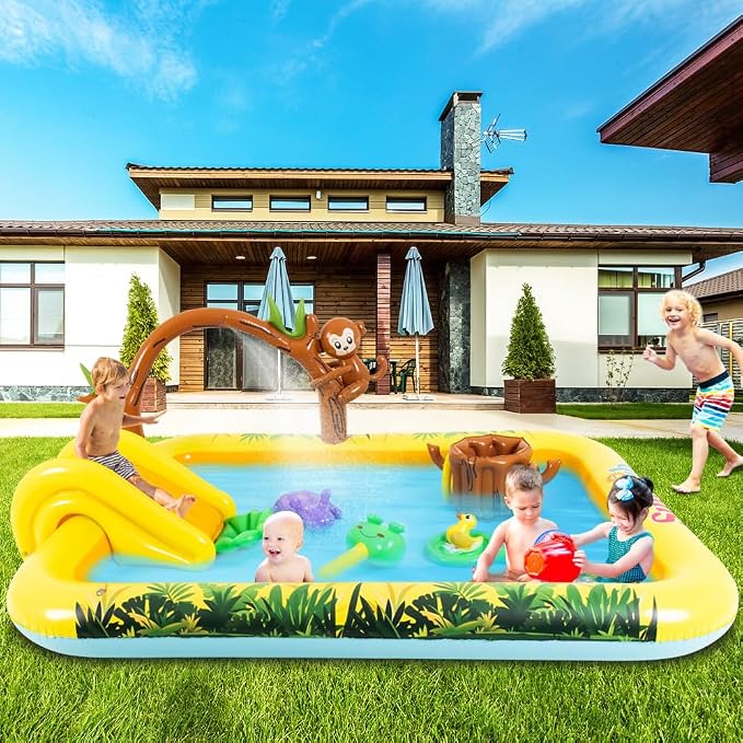 Inflatable Jungle Animal Play Center Outdoor Playhouse Inflatable Water Park with Kid Pool Slide, Sprinkler Toy with Base Pool, Monkey, Tree Stump for Garden Backyard
