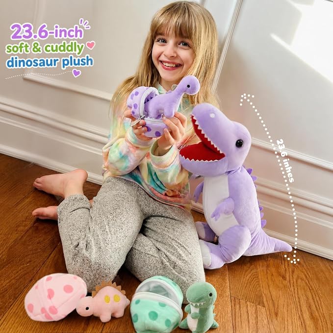 MorisMos Dinosaur Stuffed Animal with Babies,23.6'' Big Mommy Stuffed Dino T-rex with 3 Baby Dino Toys & Eggs Plush Inside Belly,Boy Girl Dinosaur Toys for Kids Birthday Gift,Purpel T-rex Party Decor
