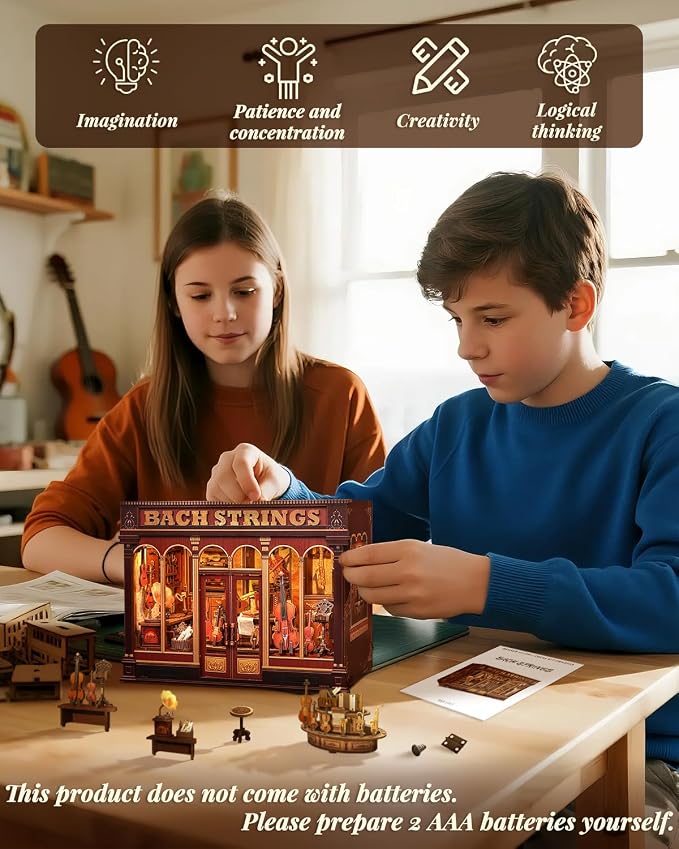 Book Nook Kit, DIY Miniature Music Workshop-Themed, 3D Wooden Puzzle Dollhouse with LED Lights, Bookend & Creative Bookshelf Decor, Craft Gifts for Family and Friends & Music Lovers (Bach Strings)