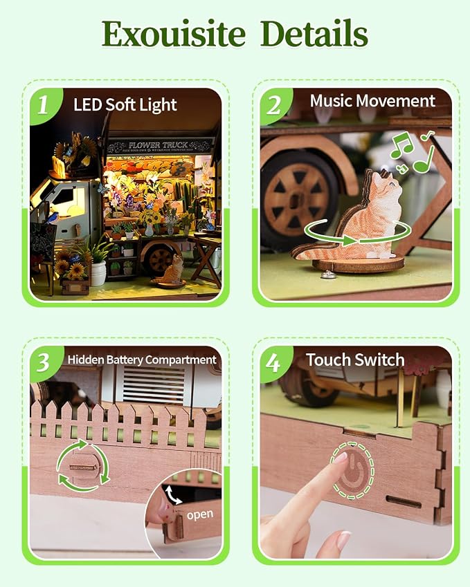 DIY Miniature House Kit Flower Cart, DIY Miniature Dollhouse Kit with LED Light Music for Room Bookshelf Decor, Tiny House Crafts for Adults, Birthday for Men Women Teens