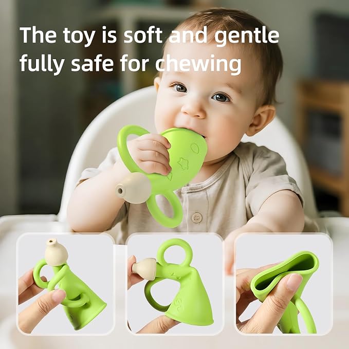 Baby Trumpet Toy 6-12 Months, Silicone Baby horn blowing toy with 2PCS yellow green for Teething Sensory play, Easy Grip Toddler whistle toys 0-6 Months Newborn Gift (Horn)