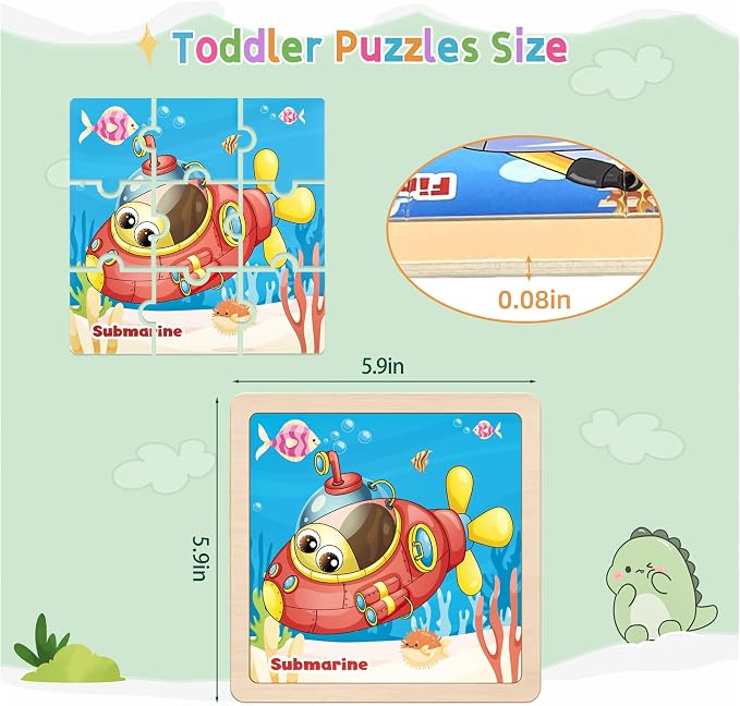 Wooden Vehicle Puzzles for Toddlers, 8 Pack 9 PCS Jigsaw Puzzles for Kids, Wooden Puzzles for Toddlers 3-5, Vehicle Puzzles for Kids 3-5, Preschool Puzzles Learning Educational Sets Toys