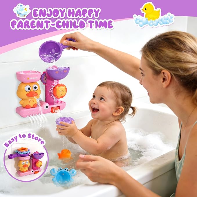Toddler Bath Toys for Kids Ages 1-3 Waterfall Bathtub Toys for Toddlers 2-4 | with 3 Stacking Cups No Mold Baby Bath Toys Interactive Duck Shower Toys for 1+ Year Girl Gifts with Strong Suction Cups Pink