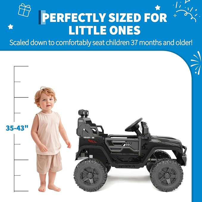 Hetoy 12V Ride on Toys with Parent Remote Control Toddler Electric Vehicle with Spring Suspension, LED Lights, Bluetooth, Music Player, 3 Speeds Ride on Car Truck for Kids Age 3-8 (Black)