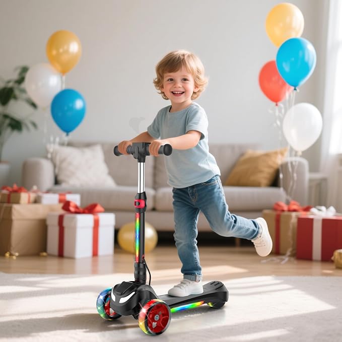 Electric Scooter for Kids Ages 3-8, 3 Wheels Electric Scooter, Electric Kick Scooter with 2 Speeds, Long Battery Life, Flashing LED Wheels, Adjustable Height, B2 with Bluetooth Music for Boys/Girls