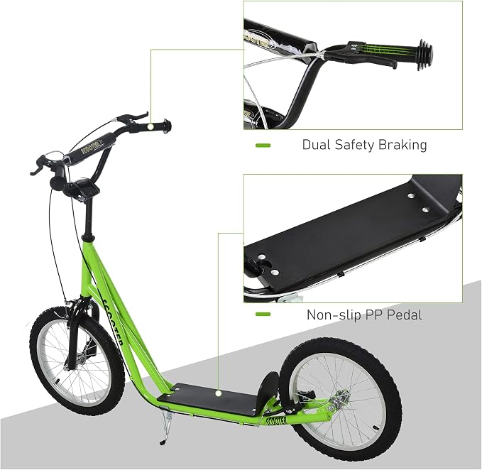 Aosom Youth Scooter Kick Scooter for Kids 5+, Max Load 220 LBS., with Adjustable Handlebar, 16" Inflatable Wheels, Dual Brakes