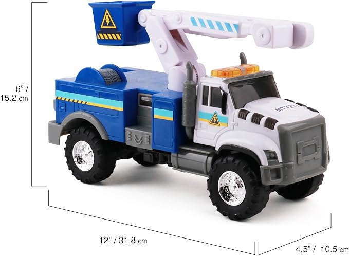 Mighty Fleet Rescue Force 12" Tough Cab Cherry Picker Toy Truck - Realistic Lights & Sounds, Movable Cherry Picker Arm, Free Wheeling Play, Ages 3+