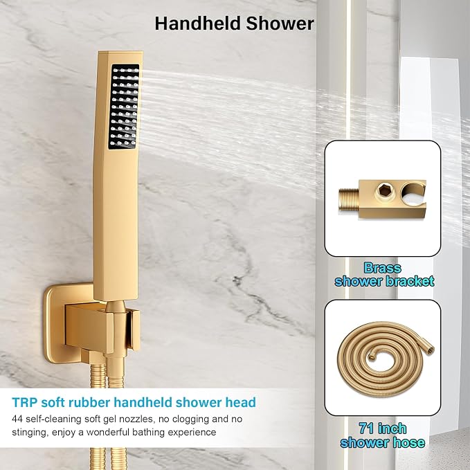 FPXRNG Gold Shower Faucet Set, Rainfall Shower System with Rain Shower Head and Handle Set, Wall Mounted Shower Fixtures, Full Metal Trim Repair Kit 10 inch Paint Gold (With Shower Valve)
