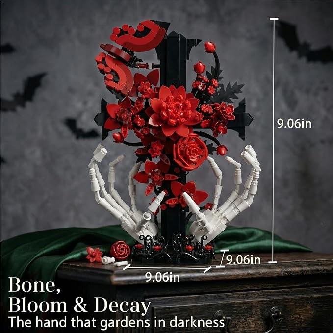 Gothic Decor Gothic Cross with Skull Hands Building Set – 8+ Halloween Decor, Bone Hands Holding Flower Cross & Butterfly, Home Office Shelf Accent, Valentine’s Day Gift for Adults(901PCS)