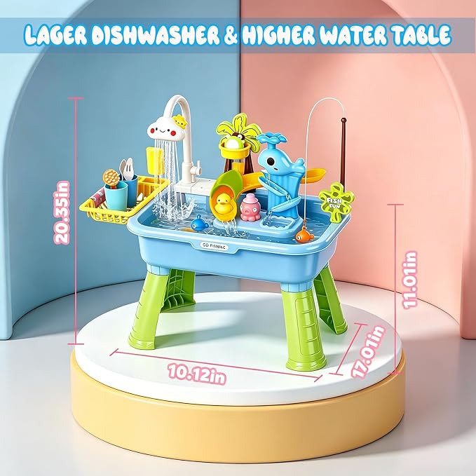 2026 Upgraded Water Table for Toddlers 1-3, Outdoor Water Play Table for Kids Ages 4-8 with Pump, Toddler Water Table, Play Sink with Running Water, Kitchen Sink Toy, Fishing Game, Sensory Table, Blue