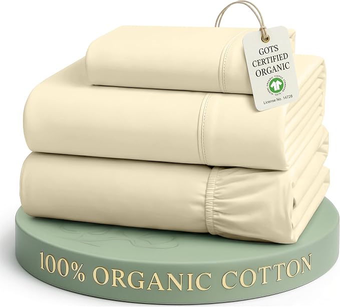 LANE LINEN Twin Sheets 100% Organic Cotton Soft 3pc Percale - Natural | Twin Sheets In Pure Long-Staple Organic Cotton - Honest-Price Organic Quality, Crisp, Cool & Breathable, For Hot Sleepers