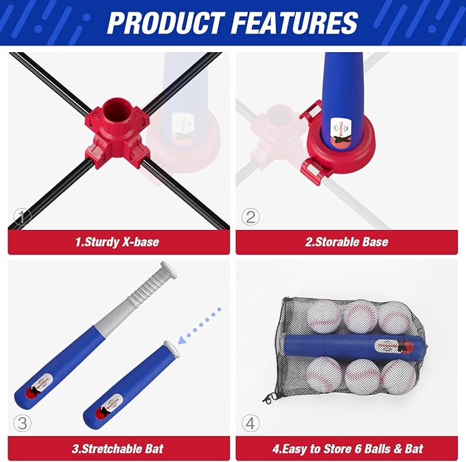 HYES 4 in 1 T Ball Sets for Kids 3-5 with Toss and Catch Ball Set, Hanging Tee Stand with Auto Pitching Machine/ 2 Bats, Indoor Outdoor Toys Birthday Baseball Gifts for Toddler Boys Girls, Blue