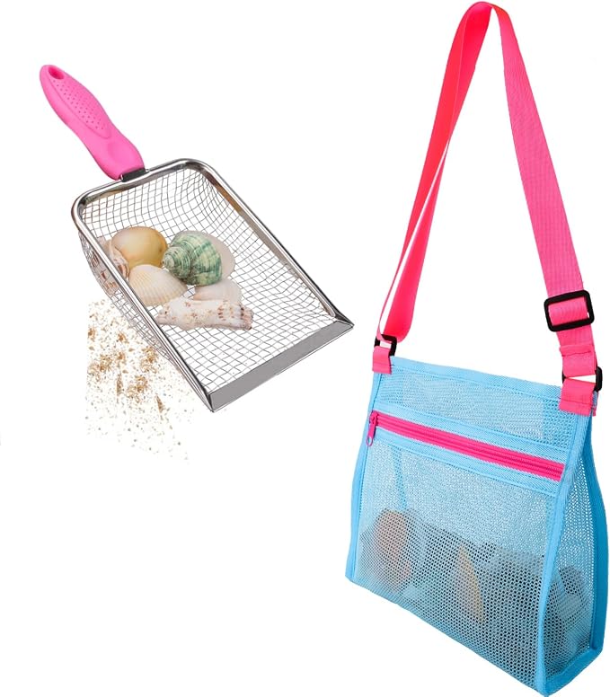 MUYIZI Beach Mesh Shovel with Mesh Beach Bag for Shell Collecting, Kids Sand Sifter for The Beaches,Shell Scooper for Beaches,Shark Tooth Sifter Dipper,Sea Shell Bags for Kids,Sand Toys (Bright Pink)