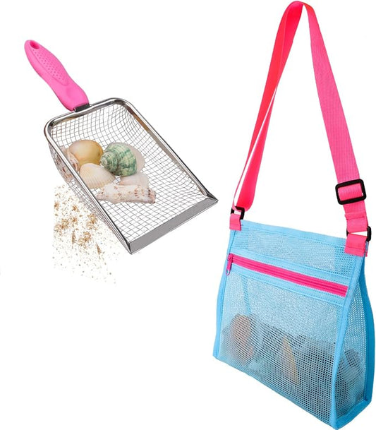 MUYIZI Beach Mesh Shovel with Mesh Beach Bag for Shell Collecting, Kids Sand Sifter for The Beaches,Shell Scooper for Beaches,Shark Tooth Sifter Dipper,Sea Shell Bags for Kids,Sand Toys (Bright Pink)