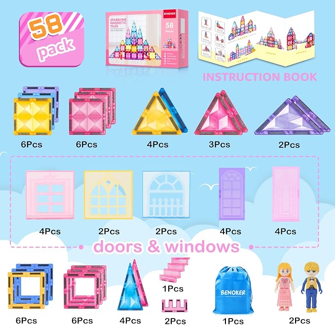 BENOKER Pink Castle Magnetic Tiles for Kids Ages 3-8, 3D STEM Toys with Sparkling Building Blocks, Creative Educational Gift for Boys and Girls, Preschool Learning Toys for Birthday