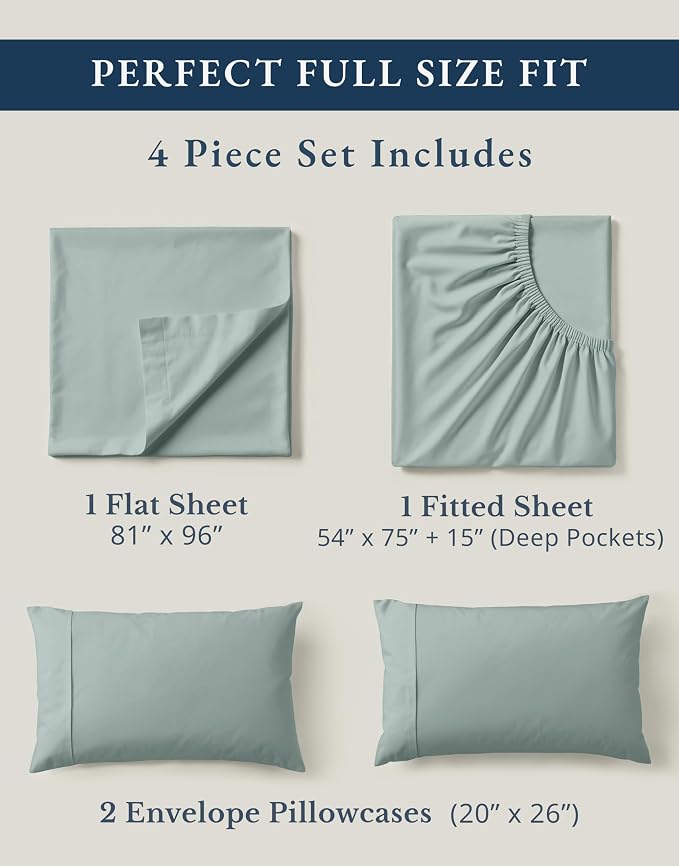 LANE LINEN Full Size Bed Sheet Set 100% Organic Cotton Soft - French Blue | Full Sheets In GOTS Certified Organic Cotton Percale - Crisp Cool Percale Weave, Great For Gifting, Best-Value Organic Cotton