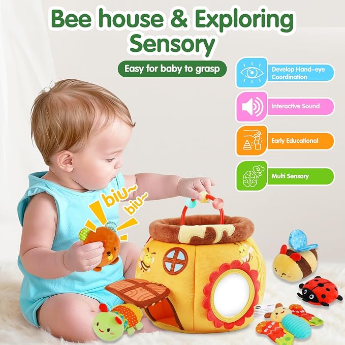 Baby Toys 6-12 Months - Soft Beehive with 5 Stuffed Animals, Rattle, Crinkle, Mirror, Montessori Sensory Toys for Babies 6 7 8 9 10 Month Old Boy Girl 1 Year Old Birthday Shower Gifts Toddler Ages 0-2