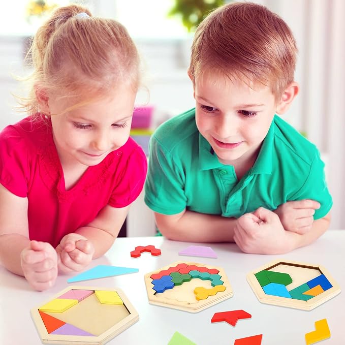 Jerify 5 Pack Wooden Tangram Puzzle for Kids Wooden Hexagon Puzzle Block Teaser Geometric Shapes Tangram Games for Boys Girls Toddler 1-3 Jigsaw 3D Logic IQ Game Gift