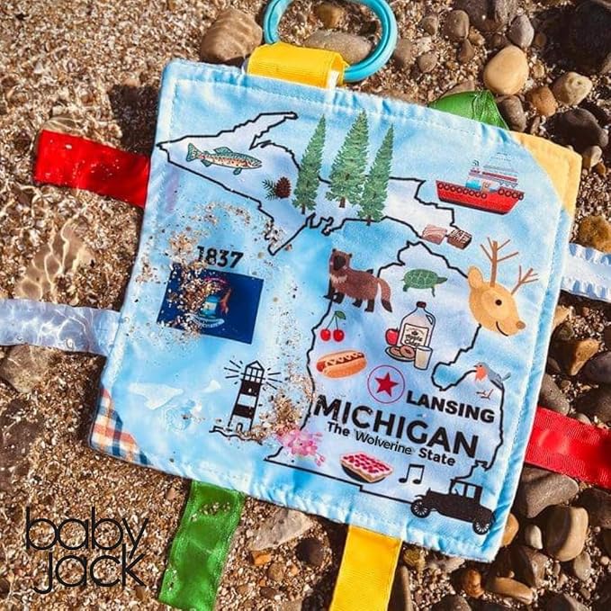 Baby Jack & Co 8x8” Learning Lovey Michigan State Tag Stroller Toy for Babies - Crinkle Toys for Developing Five Senses - Learn About Capitals - Travel with Baby Jack - BPA Free Clip