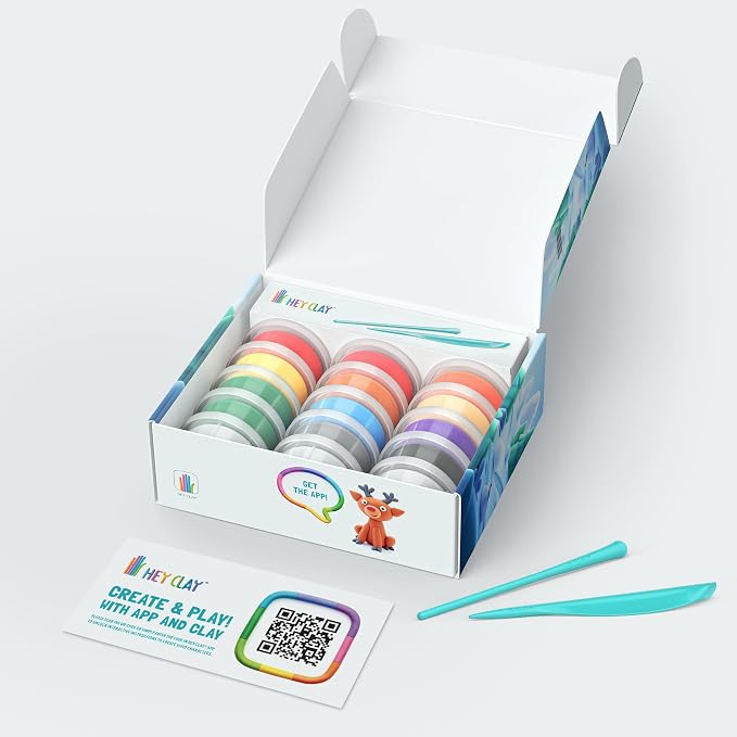 HEY CLAY Set - Colourful Modeling Air Dry Clay Kit for Kids 15 cans and Sculpting Tools with Fun Interactive Instructions App - Children 3+ (Winter Holidays)