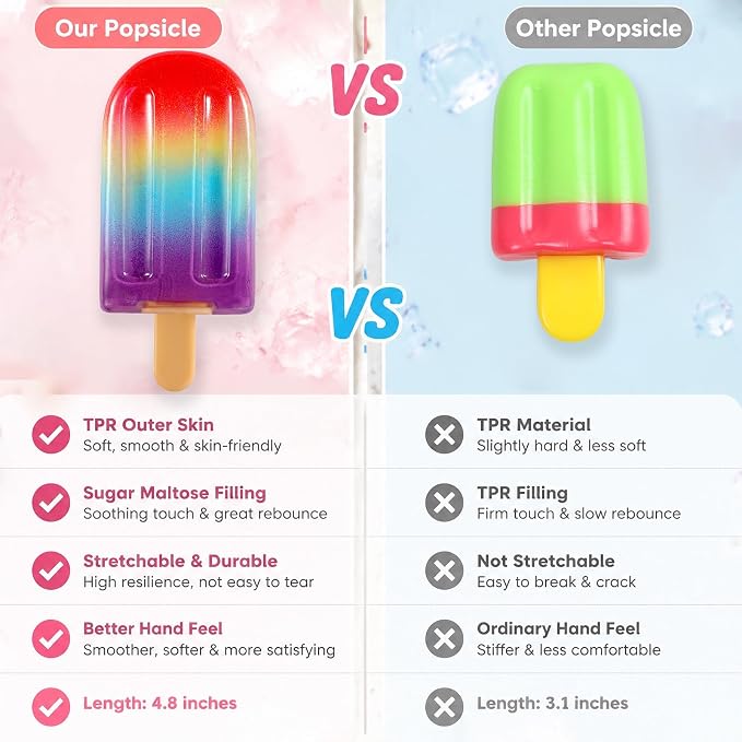 Popsicle Squishy Squeeze Toys , Malt Sugar Ice Cream Squishies Slow Rising Sensory Fidget Travel Toys for Adults, Kids, and Teens – Summer Classroom Prize (Colorful)