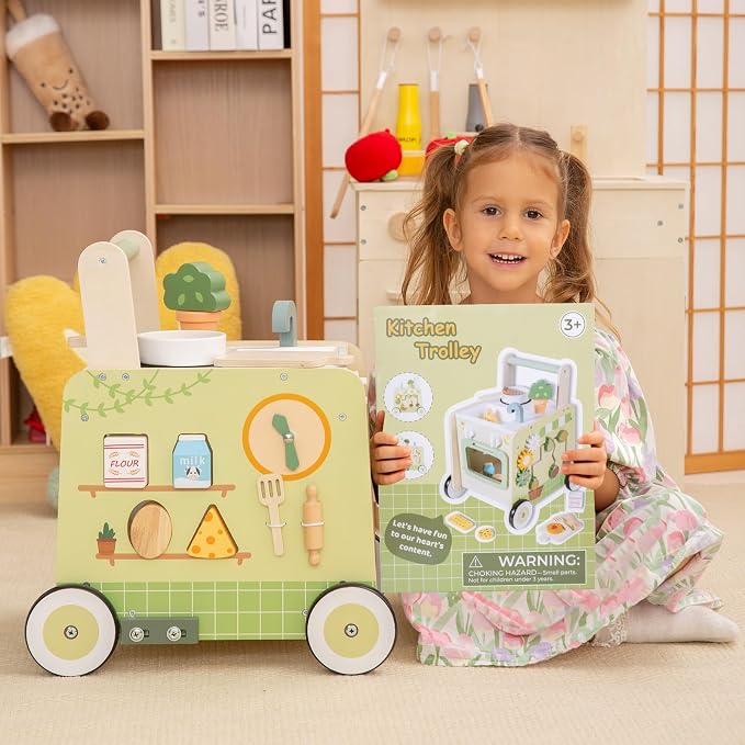 6-in-1 Wooden Baby Push Walker, Montessori Activity Center for Toddlers 1-3, Pretend Play Kitchen Stroller with Speed Control & Shape Sorter, Early Learning Development Gift for Boys Girls