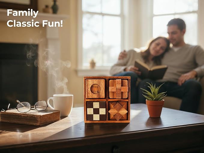 BSIRI 4 in 1 Wooden Brain Teaser Puzzles for Adults - Challenging 3D Desk Wood Puzzles Set Interlocking Hand Games for Mind Toys Suits for Rustic Patio Decor Unique Gift Office Decoration
