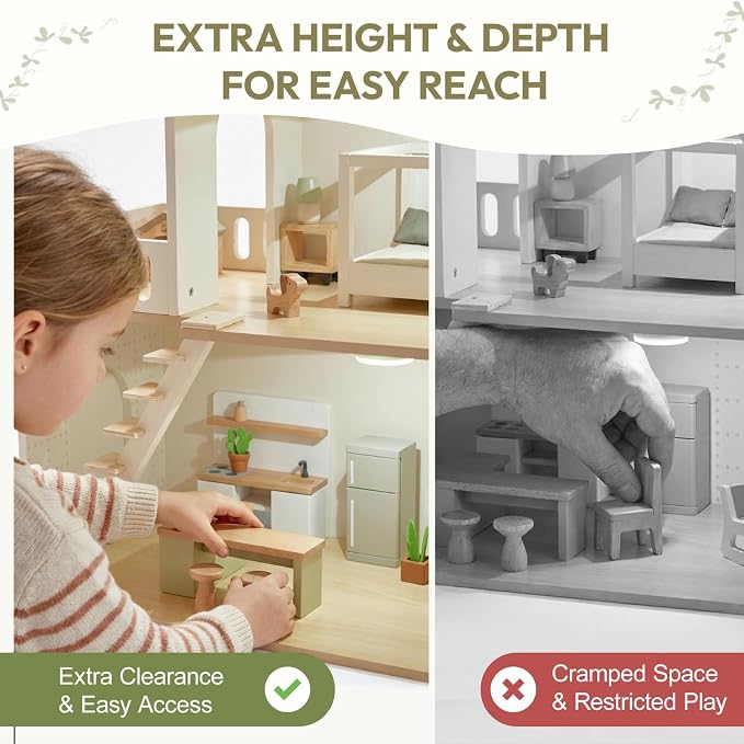 Giant bean Modern Wooden Dollhouse with Lights & 37PCS Furniture Set – Nordic Style 3-Story Playhouse for Kids Age 3+, Natural Wood Montessori Doll House with Realistic Rooms, Gift for Girls & Boys