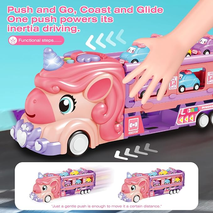 Car Toys for 3 4 5 6 7 Year Old Toddler Girl, Toys Truck & Foldable Race Track Car Toys with Light & Sound, Friction Power Car Toys for Kids Girls Age 3+