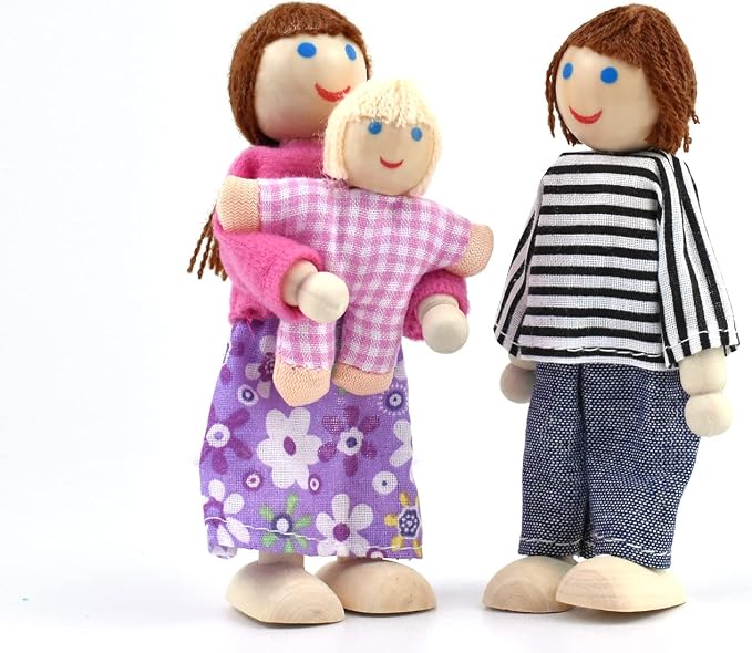 Jzszera Wooden Dollhouse People, 2-4 inches Doll House Dolls Family with 2 Pets (Dog and Cat)