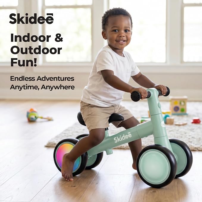 SKIDEE Toddler Balance Bike 1-3, 4-Wheel Balance Bike with Rare Light-Motion-Activated LED Wheels, Adjustable Height & Child Safe Steering, Lightweight Ride-On Toy Training Bike for Boys & Girls