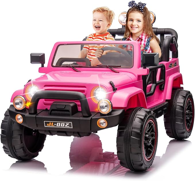 2 Seater Ride On Truck and Car Cover, 12V Children's Electric Car with Parental Remote Control, Music, Bluetooth, MP3 Player, LED Lights, Spring Suspension, Pink