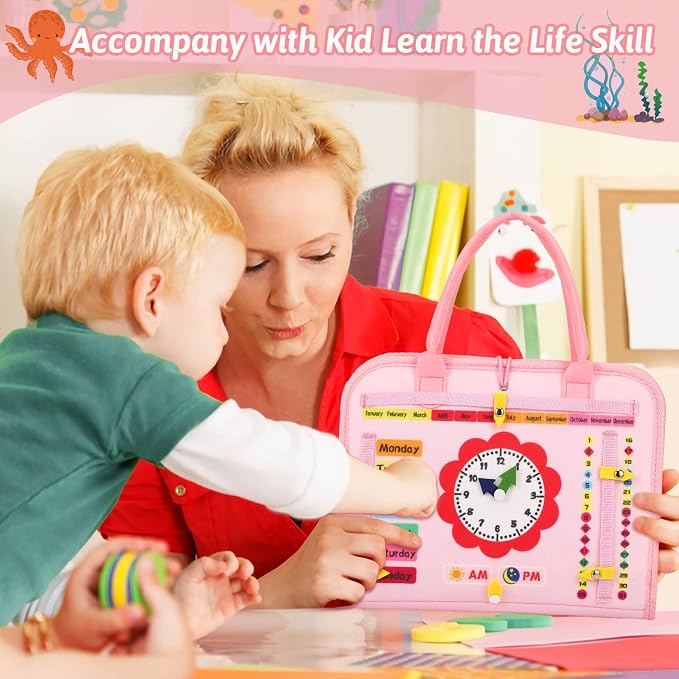 Quiet Flower 8 in 1 Busy Board Montessori Toys - Pink Sensory Busy Book & Activity Book for Basic Motor Skills, Educational Airplane Toys & Travel Essentials for Kids, Birthday Gift for Girl