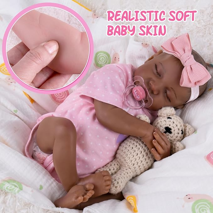 Aori Lifelike Reborn Baby Dolls Black - 18-Inch Realistic American Newborn Real Life Black Girl with Feeding Kit & Gift Box for Kids Age 3+