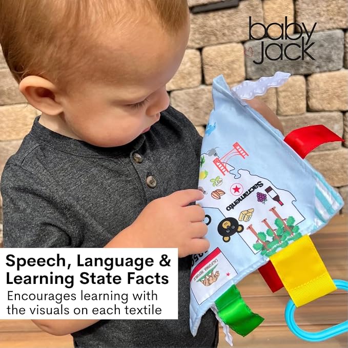 Baby Jack & Co 8x8” Learning Lovey Maryland State Tag Stroller Toy for Babies - Crinkle Toys for Developing Five Senses - Learn About Capitals - Travel with Baby Jack - BPA Free Clip