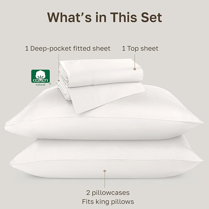 California Design Den King Bed Sheets - Soft 800 Thread Count Sateen, 100% Cotton Bed Sheets Set - Deep Pockets, Durable Bedding Set - True Ivory
