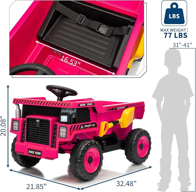 Garvee 12V Ride On Dump Truck for Kids, Ride On Car with Remote Control, Construction Vehicles with Dump Bed & Shovel, Ride-On Toys 16.5 in Spacious Seat, Music, Headlights, Soft Start, Pink
