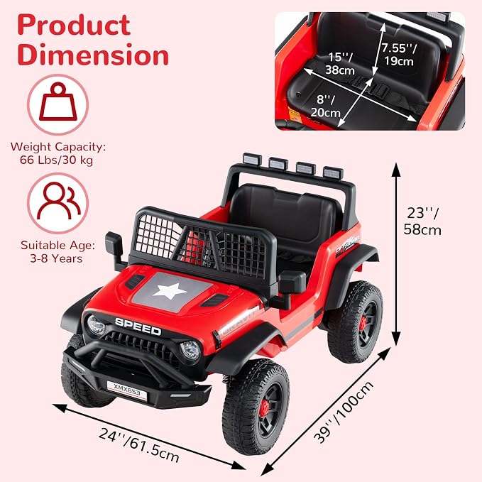 OLAKIDS 24V Ride on Car with Remote Control, Bluetooth, LED Lights, Horn, Spring Suspension, High/Low Speeds, Soft Start for Kids Aged 3+ (Red)