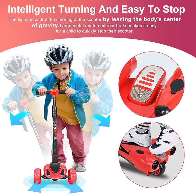 3 Wheel Scooter for Kids, Toddler Scooter with Bluetooth Music Speaker Steam Sprayer LED Lights Aluminum Alloy T-Bar, Folding Kick Scooters for Boys Girls Ages 3-10