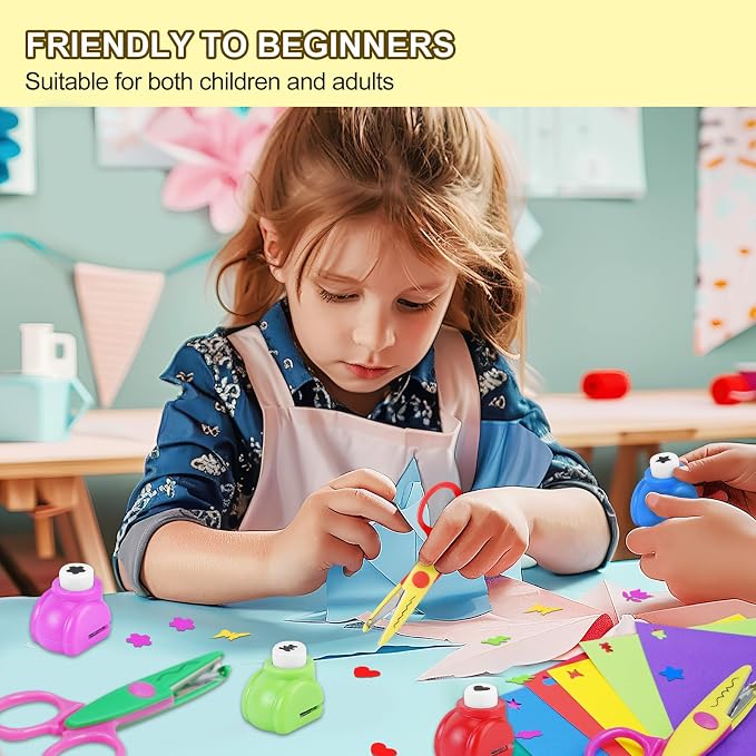 UCEC 44 Pack Arts and Crafts Supplies Kit for Kids, 8 Decorative Edge Craft Scissors, 6 Shape Paper Punchers, and 30 Sheets Colored Cardstock Paper for DIY Scrapbooking, Card Making, School Classroom