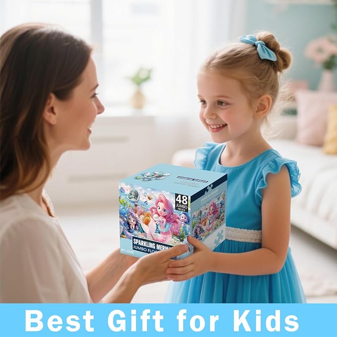 IFLOVE Mermaid Floor Puzzle for Kids — 48 Piece Jumbo Underwater Mermaid Jigsaw Puzzle, Ocean Fantasy Puzzle with Sea Creatures, Educational Toy Birthday for Girls Boys Ages 3-8