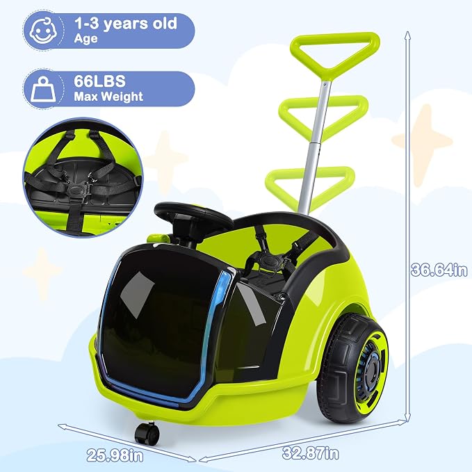 ANPABO 3-in-1 Electric Push Ride On Car, 12V Kids Ride On Toy w/Remote Control, 360° Spin, 5-Point Safety Belt, Colorful LED Light, Music Player, Push Car for Toddler Ages 1-3 (Green)