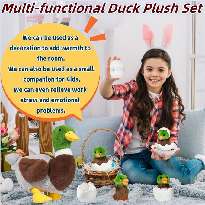 Youthfuljive 7 in 1 Mallard Duck Stuffed Animals Duck Plush Toys, 12" Zipper Mommy Stuffed Duck with 4 Baby Ducks Ducklings Eggs Green Duck Plushies Pillow for Kids Birthday Farm Party Decor
