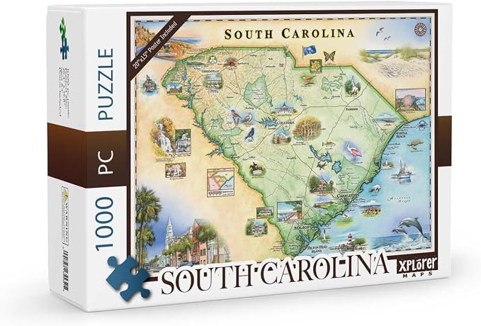 Xplorer Maps South Carolina Map Jigsaw Puzzle - 1000 Pieces, Hand-Illustrated - Educational & Fun Family Activity, Ages 7+, Includes Poster