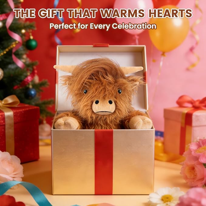 SuzziPals Heatable Coolable Weighted Highland Cow Stuffed Animals Plushie, Microwavable Heating Pad for Period Cramps & Pain, Lavender Scented Cow Plush Toys for Stress, Highland Cow Gifts for Women